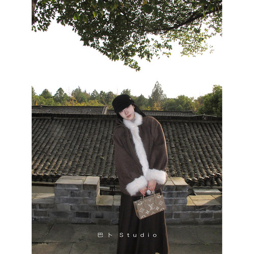 巴卜Studio 毛毛拼接呢子外套女冬季新款韩版时尚宽松百搭上衣