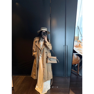 巴卜Studio 卡其色翻领风衣外套女秋季韩系休闲双排扣中长款大衣