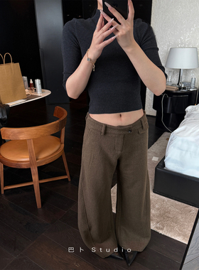 巴卜Studio  深咖色高腰毛呢长裤女秋季新款简约宽松百搭直筒裤