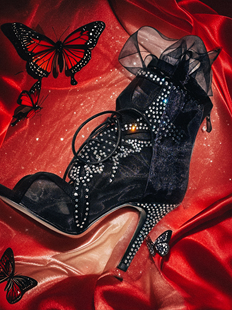 Chili原创设计蝴蝶高跟鞋黑色闪钻高跟鞋全包缎面绒面(脚腕紧)