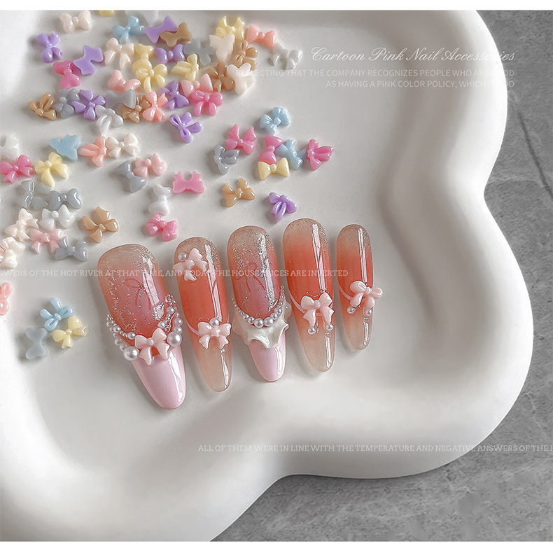 迷你蝴蝶结美甲饰品糖果色飘带领结树脂指甲钻甜美百搭装饰品批发