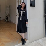 大码黑色娃娃领蕾丝连衣裙女2023春季新款法式温柔风气质收腰显瘦，女装连衣裙，浙宝180A