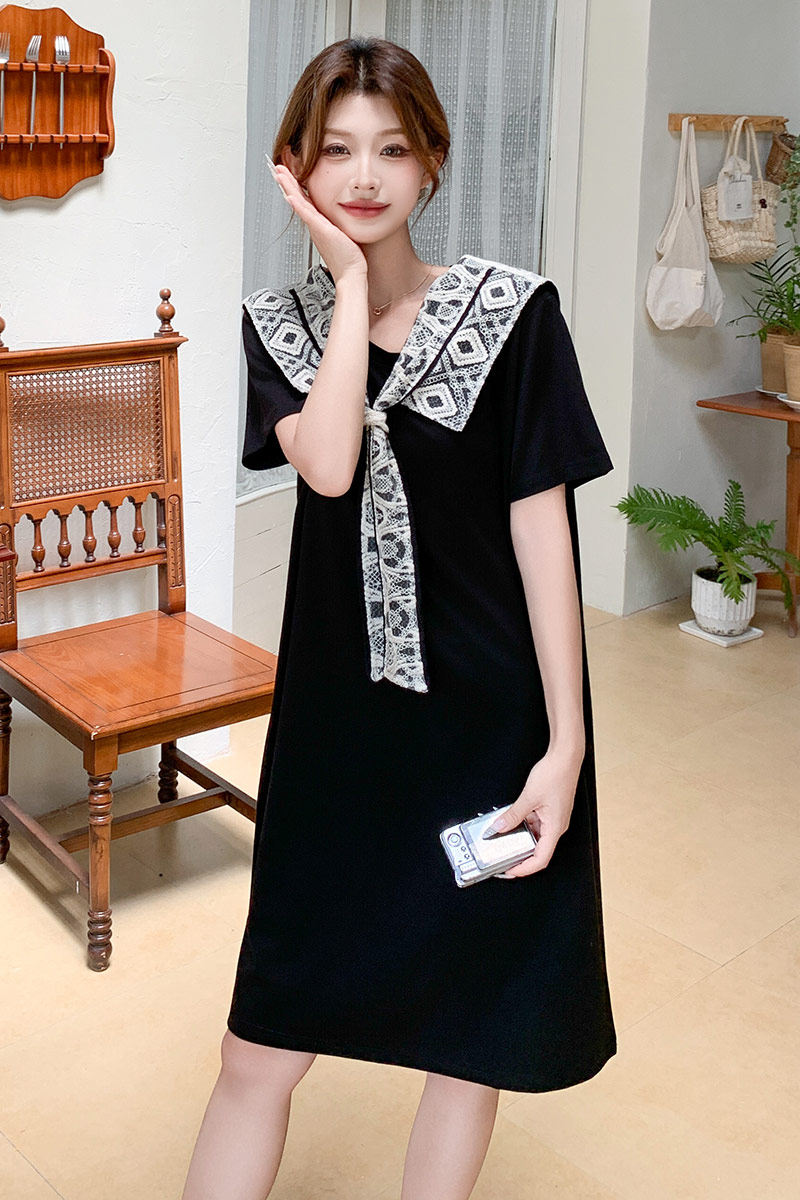 韩版撞色娃娃领黑色连衣裙女2025夏季新款小个子减龄显瘦A字裙子,女装连衣裙,浙宝180A