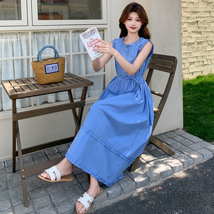 花边拼接蓝色无袖背心连衣裙女夏2025新款显瘦长裙减龄超火巨好看图片