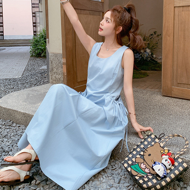 休闲法式气质蓝色无袖背心连衣裙女夏2025新款长裙显瘦高级不撞款,女装连衣裙,浙宝180A