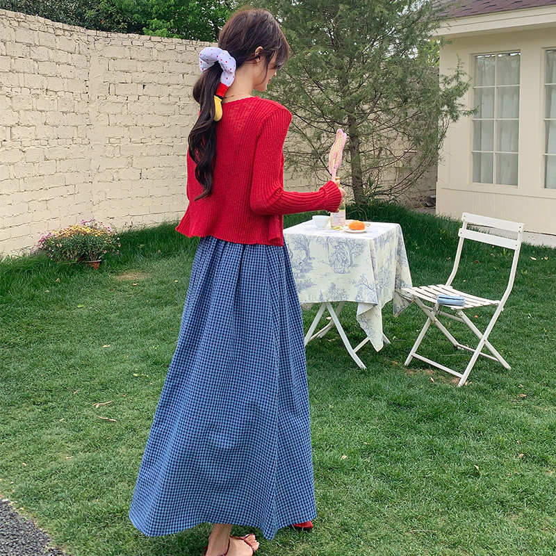 针织开衫复古格子吊带连衣裙套装女夏2025新款长裙独特漂亮超好看,女装连衣裙,浙宝180A