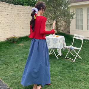 针织开衫复古格子吊带连衣裙套装女夏2025新款长裙独特漂亮超好看图片