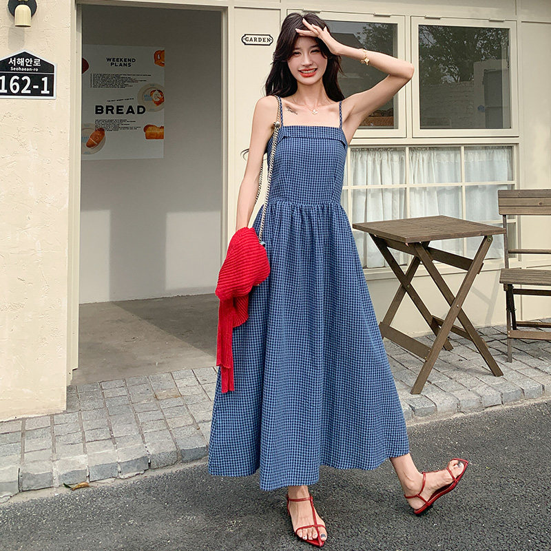 格子吊带连衣裙外搭开衫两件套女2025夏季新款显瘦遮肚裙子套装,女装连衣裙,浙宝180A