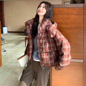 新款现货！格子连帽短款羽绒服复古浙宝180A/货号M051/P325/K488图片