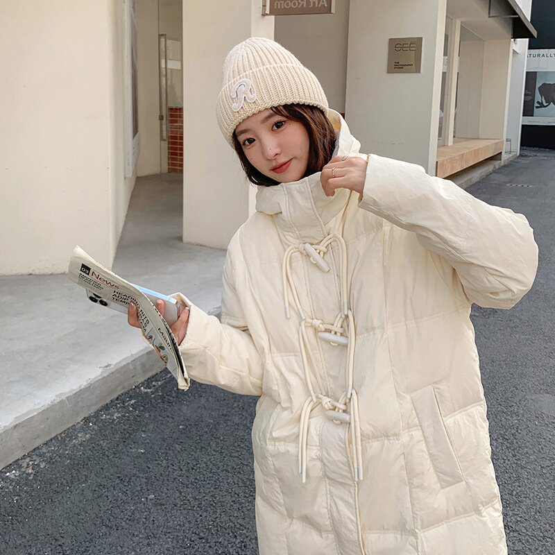 现货韩版米杏色中长款牛角扣羽绒服178/910/P258/K368,女装羽绒服,浙宝180A