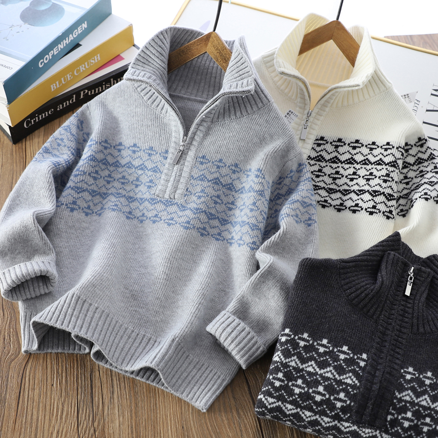 男童提花拉链半高领毛衣针织衫潮