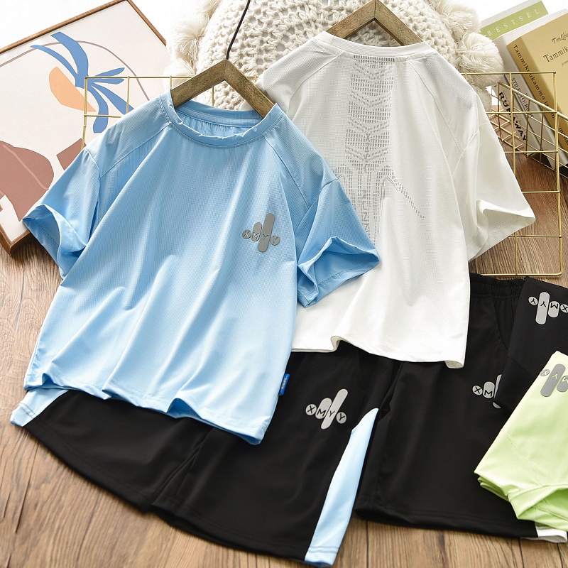 男孩薄款速干套装2025夏季儿童冰丝短袖T恤衫运动短裤中大童2件套