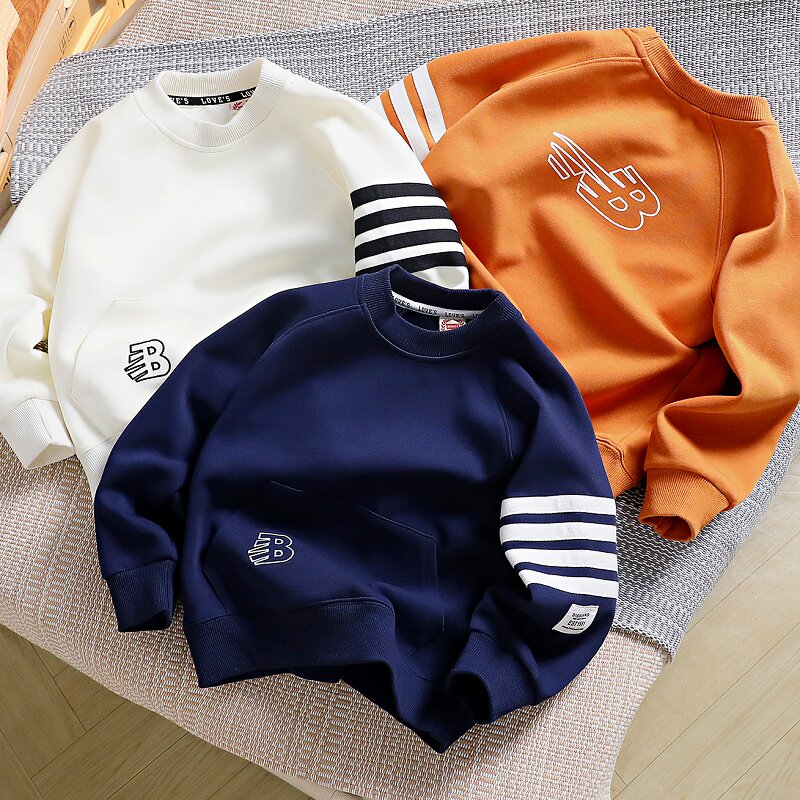 男童百搭圆领卫衣2024春秋季儿童拉条运动潮上衣中大童休闲套头衫