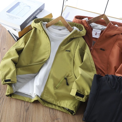 男童薄绒连帽纯色拉链冲锋衣外套