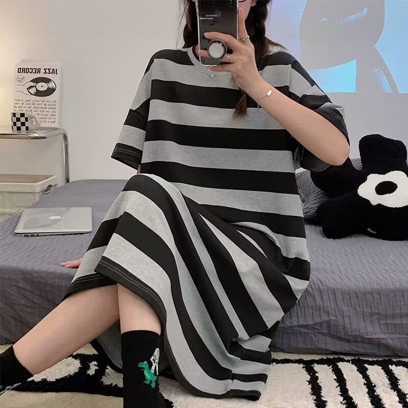 简约宽松灰黑条纹睡裙女夏天纯棉短袖薄款睡裙中长款连衣裙可外穿