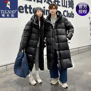啄木鸟情侣款鹅绒保暖过膝黑金羽绒服男士长款冬季加厚防寒服外套