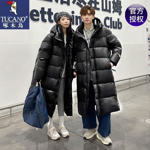 啄木鸟情侣款鹅绒保暖过膝黑金羽绒服男士长款冬季加厚防寒服外套