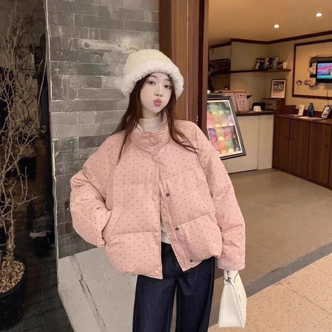 初高中生羽绒服女冬季新款宽松加厚小个子波点甜美女大童棉衣外套
