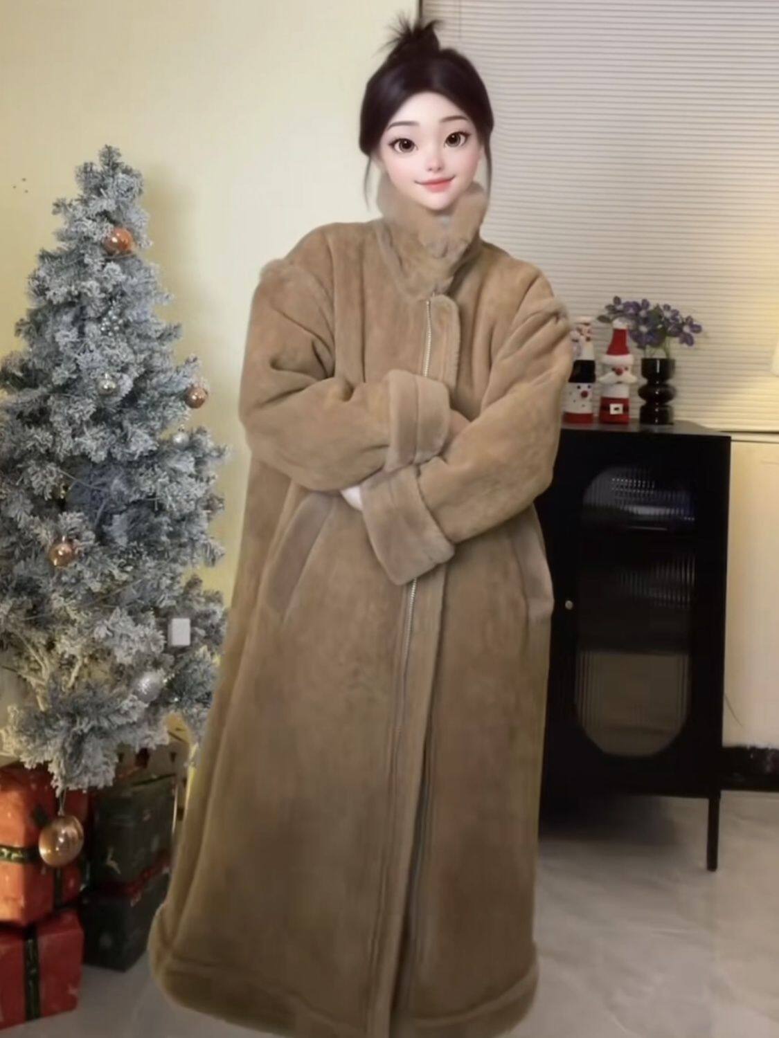 皮毛一体羊羔毛外套女2023冬装韩版宽松休闲长款过膝鹿皮绒机车服