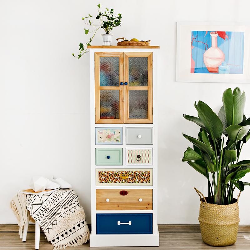 美式乡村实木斗柜子小户型玻璃柜田园彩绘高柜地中海客厅角柜斗橱