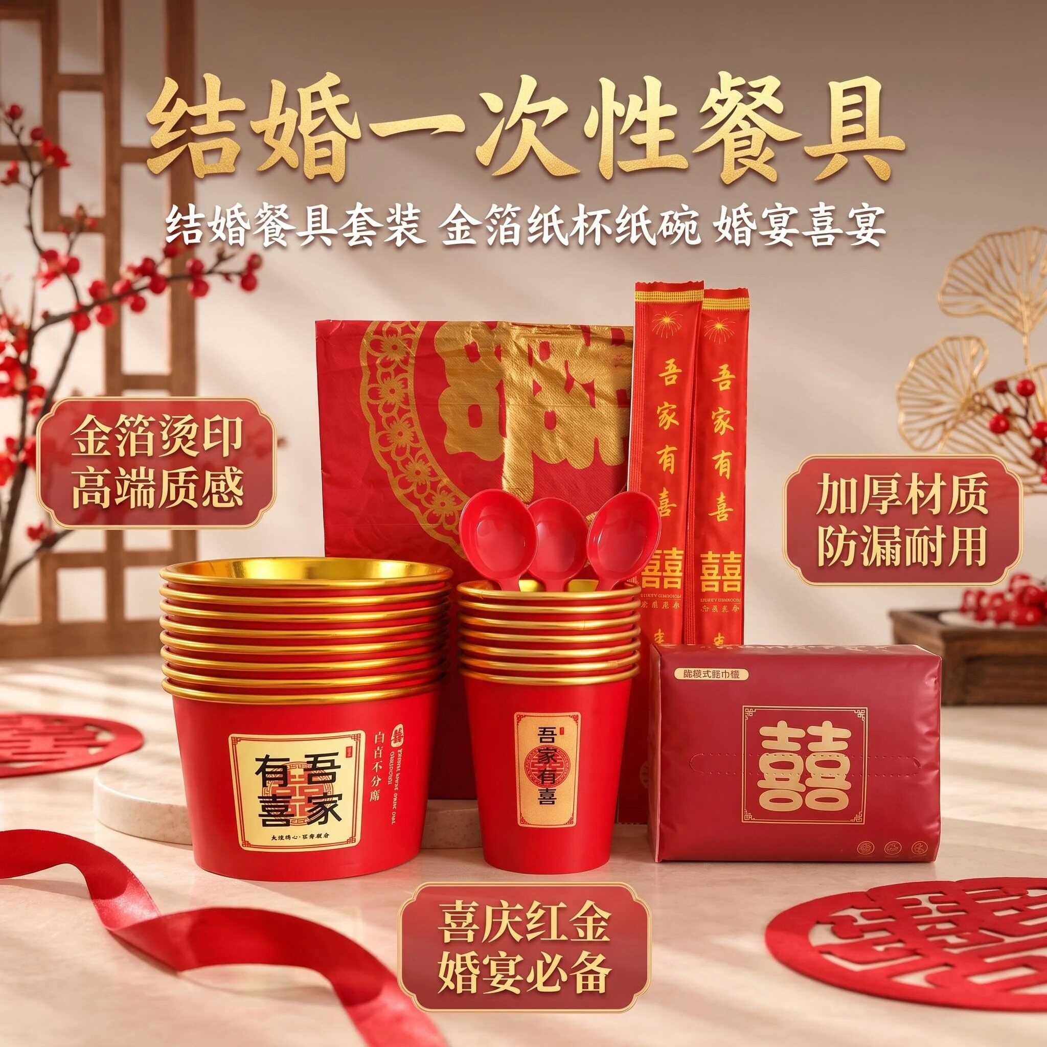 婚礼金箔一次性餐具套装防烫