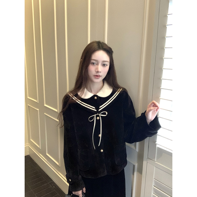 桃可了 海屿领歌 毛绒海军风毛呢外套女冬+高腰黑色织带半裙套装