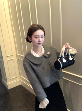 桃可了 童话序曲 昭和古着灰色娃娃领短款毛呢外套+半裙套装女