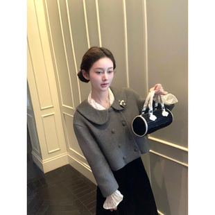 半裙套装 桃可了 毛呢外套 昭和古着灰色娃娃领短款 女 童话序曲