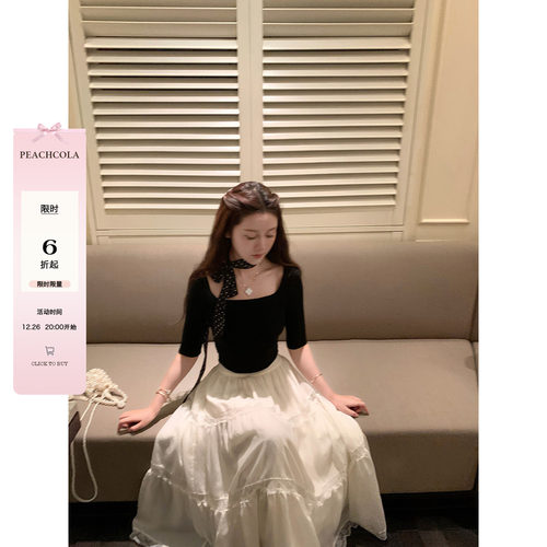 桃可了 古着感眷念 羊毛针织T恤上衣女显瘦秋重工蕾丝半身裙套装