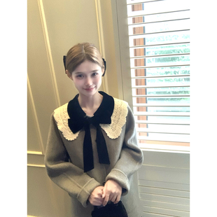 桃可了 海岸线日记 钩花领丝绒蝴蝶结双面呢外套女冬羊毛呢大衣