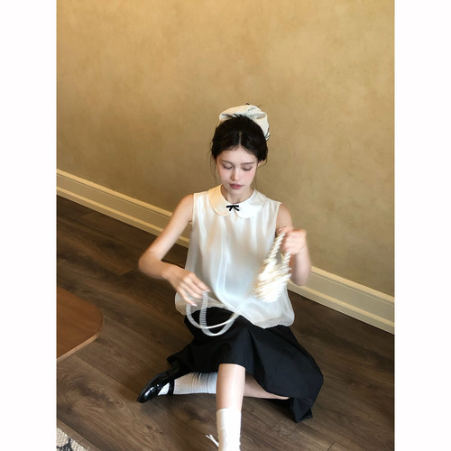 桃可了《古董小纱》兜兜下摆娃娃领衬衣薄纱温柔气质无袖上衣夏季