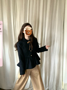 桃可了 未闻海雾 日系古着藏蓝色设计感保暖羊毛毛呢外套女冬季