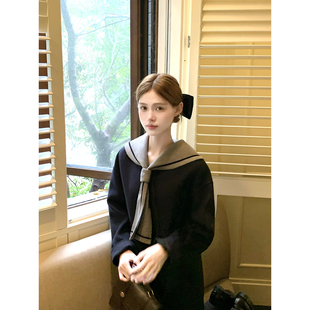 高腰半裙套装 灰色领学院海军风双面呢外套 女冬 远洋旧梦 桃可了