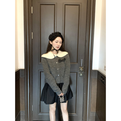 桃可了 花匣蔷薇 马海毛加厚羊毛娃娃领小个子百搭毛衣外套女秋季