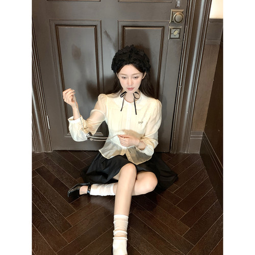 桃可了 樱花笔记 后背绑带娃娃领衬衫女秋+高腰黑色半裙短裙套装