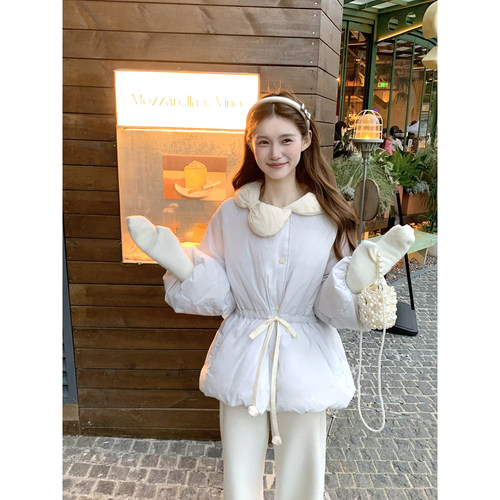 桃可了 云端泡芙 收腰绑带花朵领90%白鸭绒保暖羽绒服外套女冬季