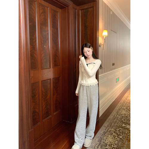 桃可了◆《条纹泡泡》超好穿的条纹针织裤子休闲显瘦阔腿裤