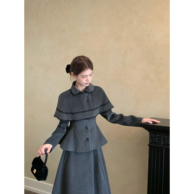 桃可了 ji致腰线 复古灰色披肩收腰外套女冬/高腰百搭半身裙套装