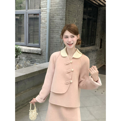 桃可了 洋装少女 中式小斜扣双面呢羊毛外套小个子毛呢半裙套装女