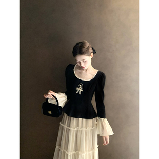 显瘦内搭打底上衣女高腰半身裙套装 刺绣修身 夜莺与铃兰 桃可了