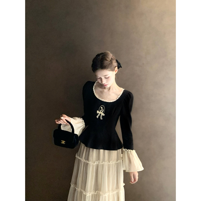 桃可了 夜莺与铃兰 刺绣修身显瘦内搭打底上衣女高腰半身裙套装