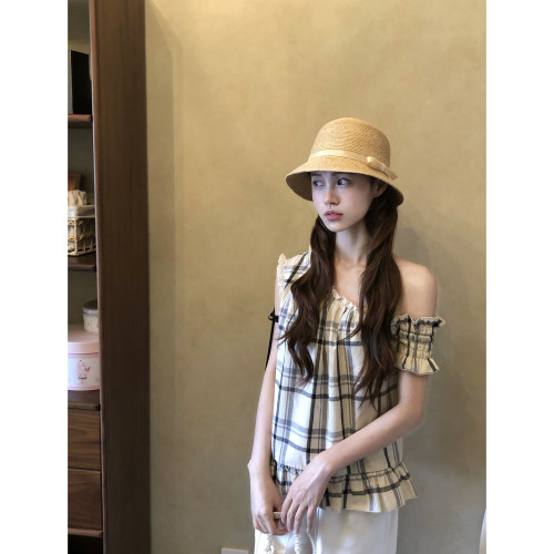 桃可了《呼吸感》不对称斜肩棉麻上衣显瘦收腰格纹蓬蓬裙连衣裙