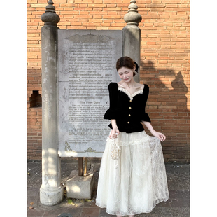 桃可了 雪夜灯晕 领口可拆卸黑色丝绒上衣+高腰珠片半裙套装女