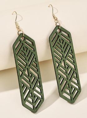 欧美几何简约新款木头绿色镂空耳坠耳饰 潮时尚木质耳环