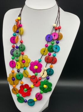 三层木质花朵防过敏绒绳项链