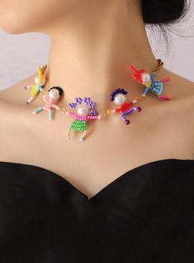 日韩创意卡通手工米珠趣味立体小人锁骨链 休闲 可爱时尚风