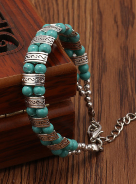 双排绿松石串珠古银几何雕花手链