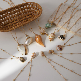 新款通勤海螺珠项链天然贝壳电镀金边吊坠波西米亚沙滩风自然项饰