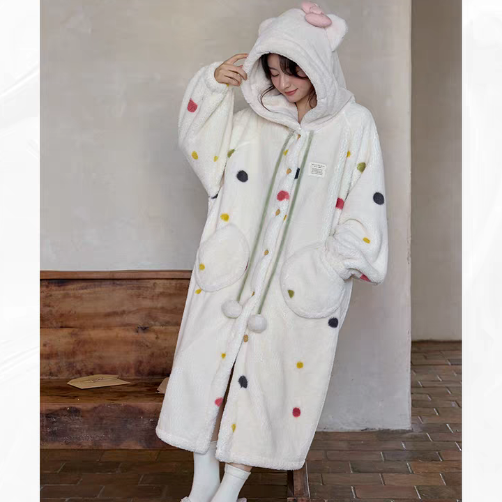 黛梦思珊瑚绒睡袍女秋冬季加厚加绒保暖家居服大码可外穿长款睡衣