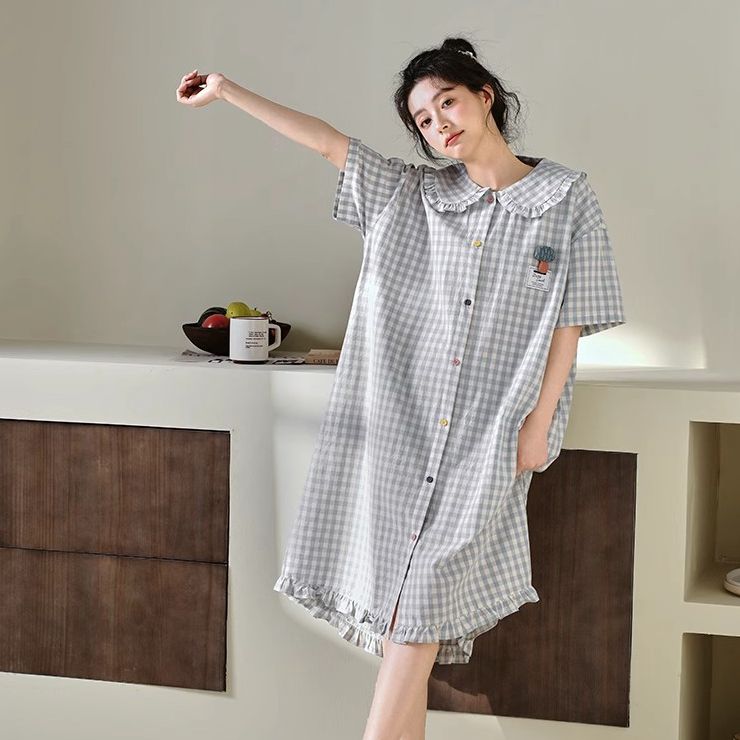 黛梦思新款开衫睡裙女夏季纯棉短袖家居服甜美少女格子睡衣可外穿